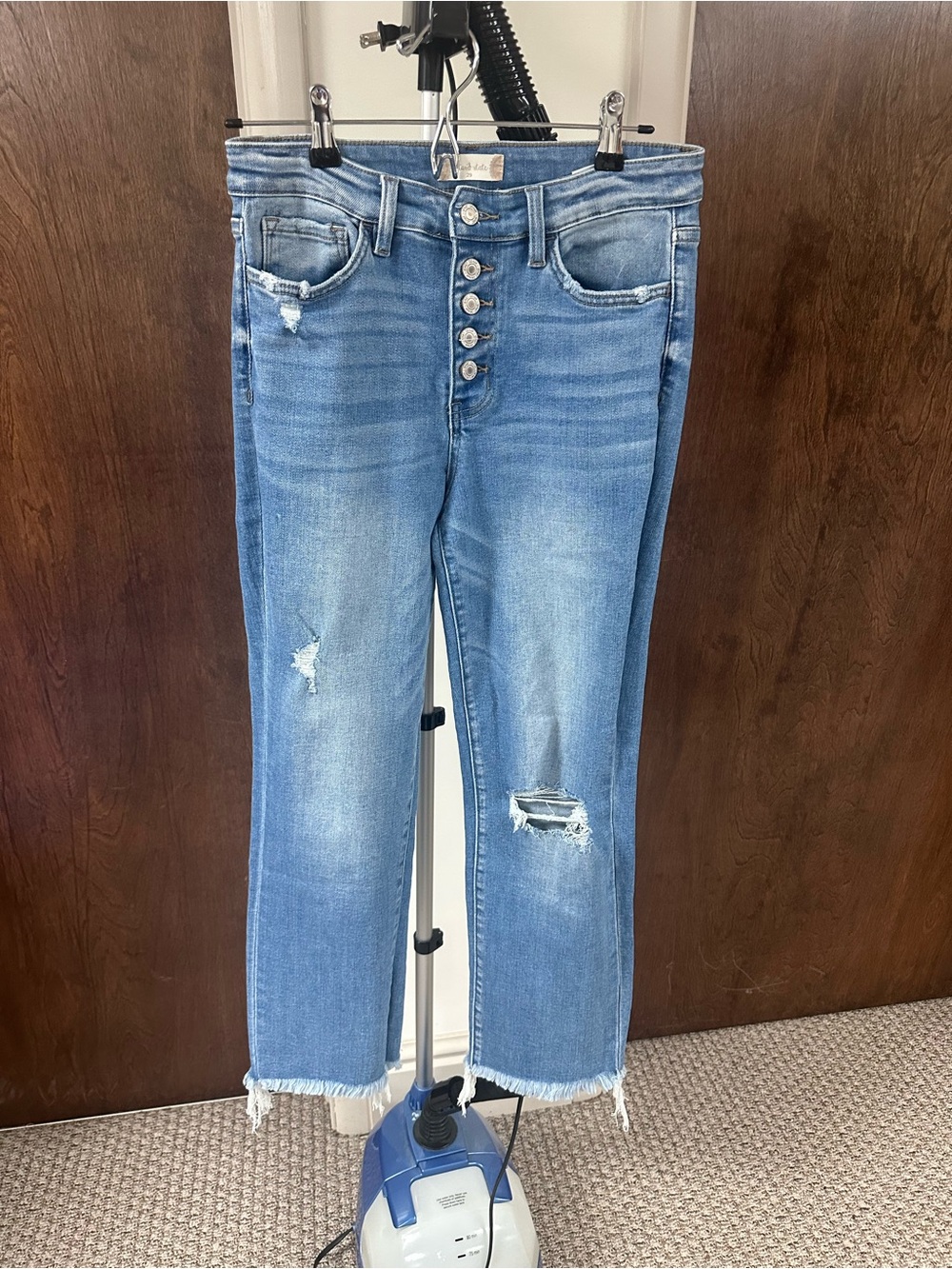 Women's Light Blue Distressed Cropped Button-Fly Jeans